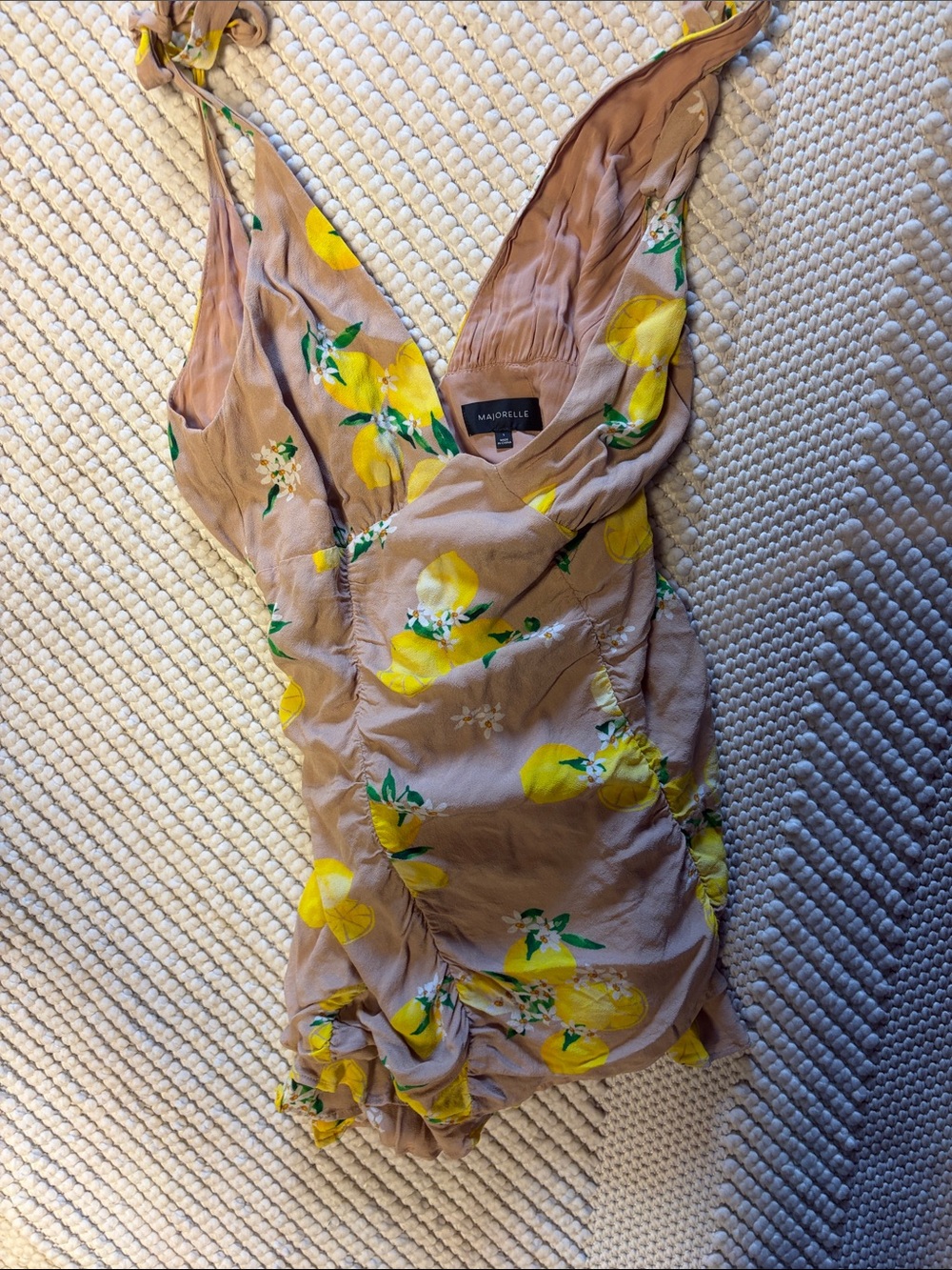 MAJORELLE Taupe Mini Dress with Yellow Lemon Print